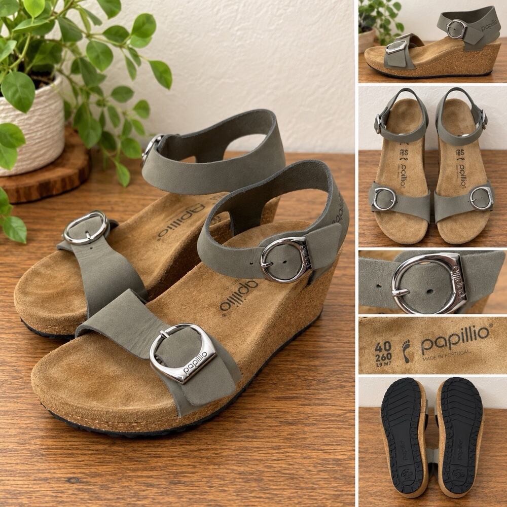 Birkenstock Papillio Womens Soley Sandals Size 40 9 Gray Wedge Ankle Strap Shoe